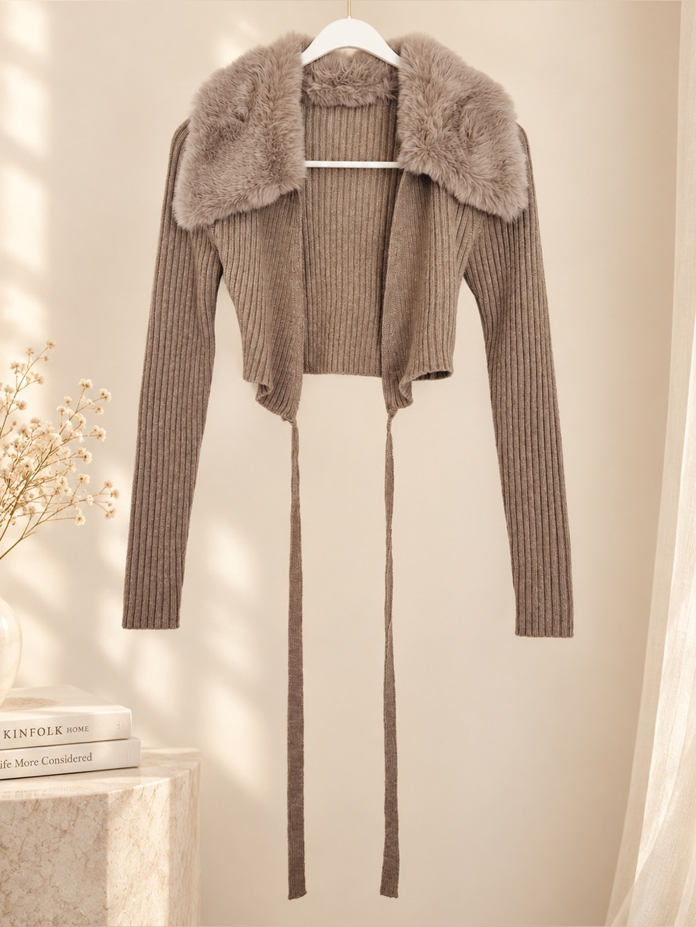 SHEIN Taupe Ribbed Cropped Teddy Collar Tie-Front Cardigan